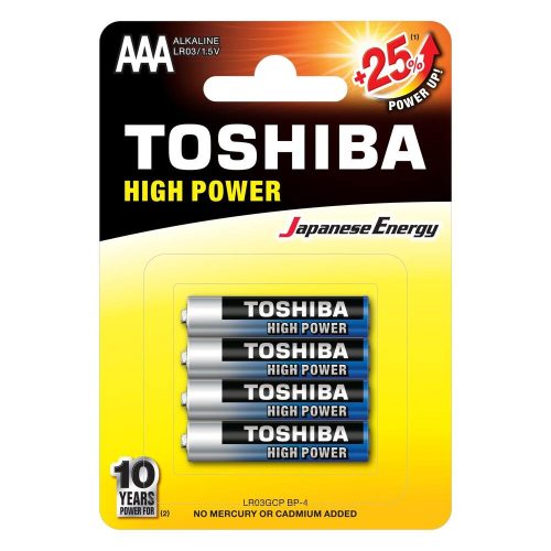 Ceruzaelem AAA (LR03) , 1.5 Volt , 4 darab , tartós , elem , High Power , TOSHIBA