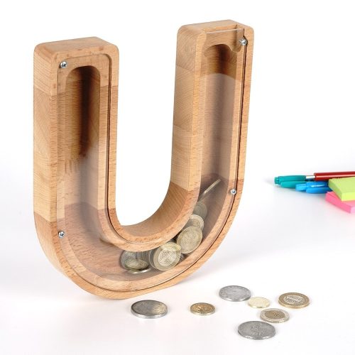 Fából készült dekoratív penny bank, barna-fehér, 18x22 cm
