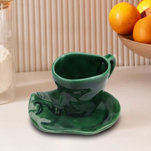 Elegáns zöld kerámia bögrekészlet (2 db) csészealjjal