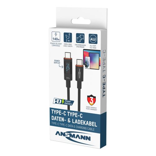 Ansmann USB-C töltőkábel LED kijelzővel 140W