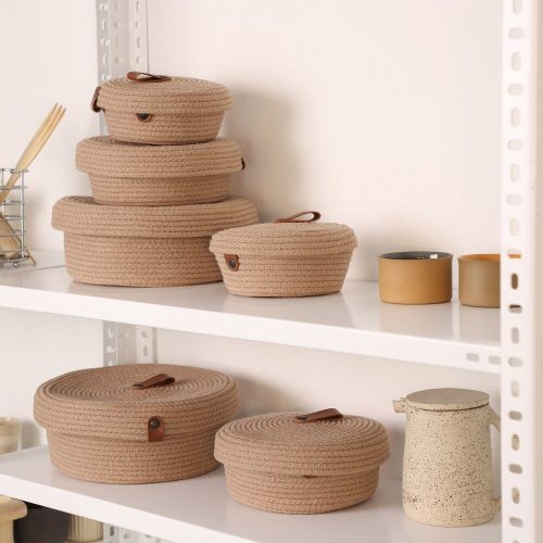 Kézzel készített pamut kosárkészlet (6 db) - 100% pamut juta kötél, bézs | 2 kicsi (15x15x7 cm), 2 közepes (20x20x9 cm), 2 nagy (25x25x11 cm) | Stílusos tárolási megoldás
