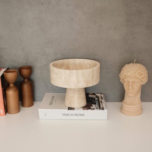 Elegáns talpú tál, 20 cm átmérő x 17 cm magasság, 100% travertin márvány, bézs | Tökéletes otthoni dekorációhoz és középpontokhoz, stílusos és tartós kialakítás