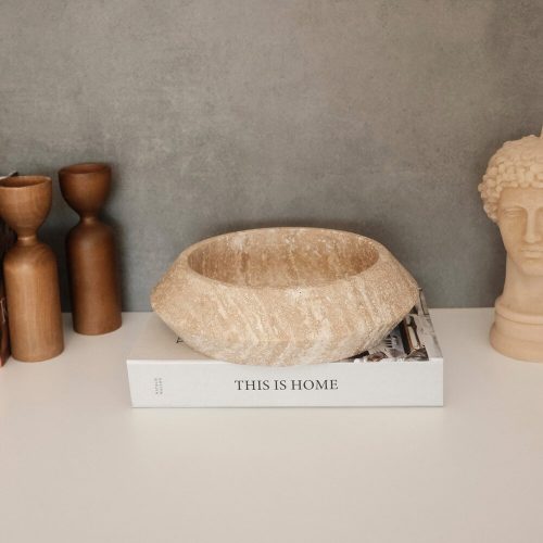 Elegáns bézs travertin márványtál, 23 cm átmérő, 7 cm magasság | 100% természetes kő | Tökéletes lakberendezési és funkcionális használatra