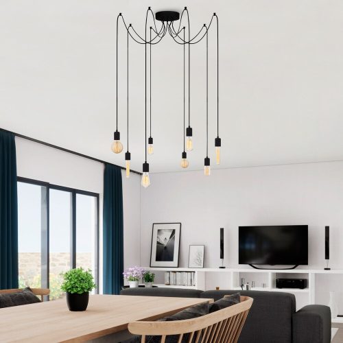 Ipari fekete csillár, 156 x 156 cm, állítható magasságú, 8 x E27 Max 40W | Fém ház, modern design, tökéletes otthoni és irodai dekorációhoz