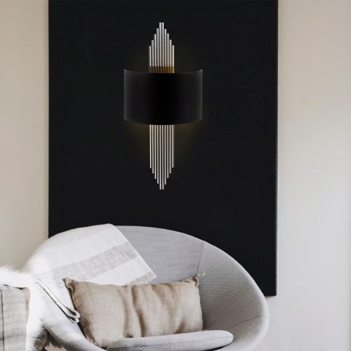 Modern fekete fali lámpa, MDF ház, 60 x 12 x 33 cm, E27 aljzat (max. 40 W), IP20, dugaszolható, lézerrel vágott kivitel, stílusos és funkcionális világítás bármilyen helyre