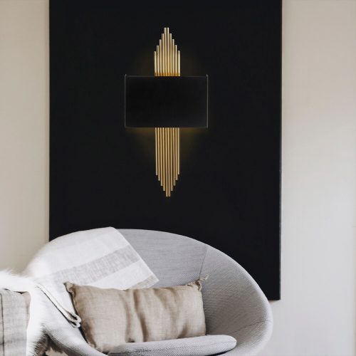 Modern fekete fali lámpa, MDF ház, 60 x 12 x 33 cm, E27 aljzat (max. 40 W), IP20, dugaszolható, lézerrel vágott kivitel, stílusos és funkcionális világítás bármilyen helyre