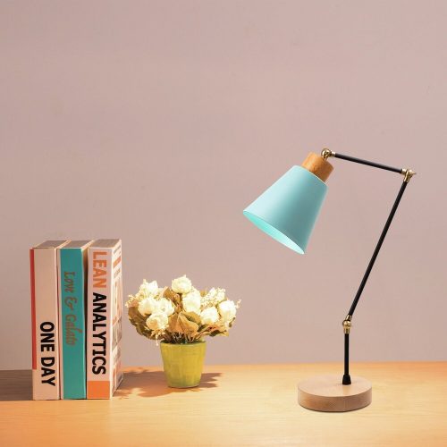 Elegáns türkiz asztali lámpa, fém ház fa talppal, 52 cm magasság, 14 cm átmérő, E27 aljzat (max. 40 W), 200 cm kábel, stílusos világítás otthoni és irodai dekorációhoz, IP20 besorolás