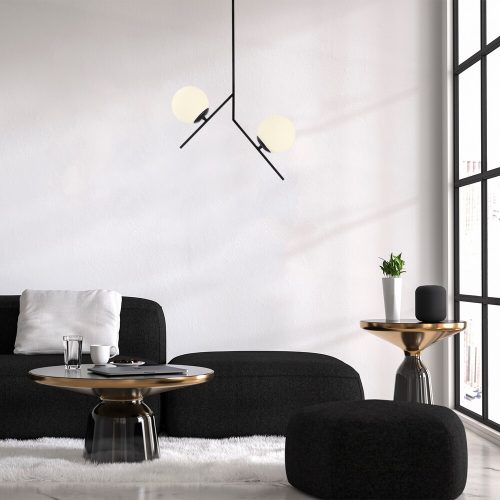 Ipari skandináv csillár, fekete fém test, 43 x 15 cm, magasság: 74 cm | 2 x E27 Max 40W | Elegáns üvegkupak, IP20 | Tökéletes modern lakóterekbe és étkezőkbe