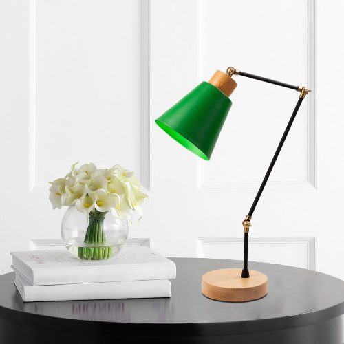 Modern zöld asztali lámpa, fém ház fa talppal, 52 cm magas, E27 foglalat, max. 40 W, stílusos és funkcionális lakberendezéshez | IP20 besorolású