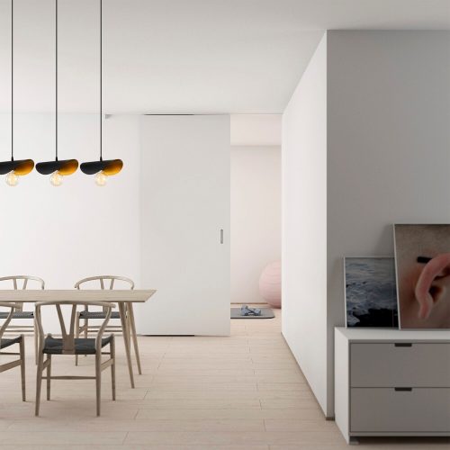 Modern ipari csillár, fekete-arany, 80 x 17 cm | Fém ház, magasság 106 cm, 3 x E27 foglalat | Stílusos világítás otthoni és irodai helyiségekbe