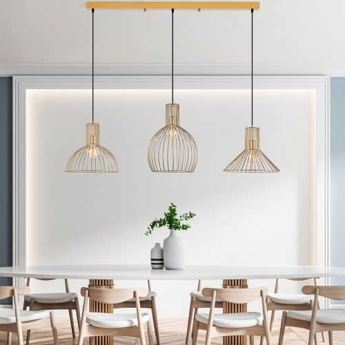 Elegáns arany csillár, állítható magasságú 70-124 cm, fém ház, 3 x E27 aljzat, 148 x 38 x 124 cm | Tökéletes modern lakóterekhez, stílusos világítási megoldás