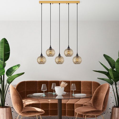 Elegáns arany csillár, fém test, állítható magasság 39-119 cm, 100 x 17 cm | 5 x E27 aljzat, IP20 | Tökéletes modern lakóterekbe és étkezőkbe