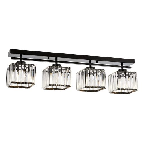 Modern Glam csillár, fekete és bronz, 80 x 15 x 22 cm | Fém ház, kristály sapka, 4 x E27 Max 40W | Tökéletes szállodákba és elegáns terekbe