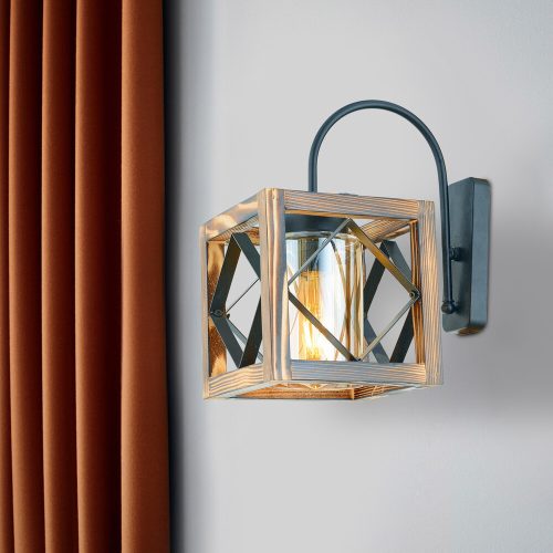 Stílusos fali lámpa, 30 cm magas, dió és fekete, E27 Max 40W | 100% FENYŐFA és fémváz | Modern kubizmus/szürrealizmus design rusztikus terekhez