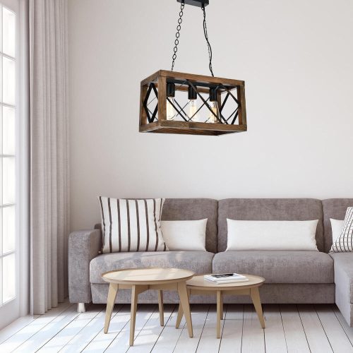 Elegáns rusztikus csillár, 100% gyertyán és fém, állítható magasság 70 cm, 45 x 25 cm, E27 Max 40W, dió és fekete | Modern terekbe tökéletes