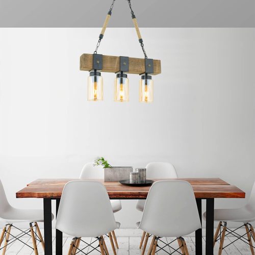 Nosztalgikus rusztikus csillár, 70 cm magas, dió és fekete, állítható E27 aljzat (max. 40 W) | 100% FENYŐFA és fémváz | Elegáns otthoni világítás