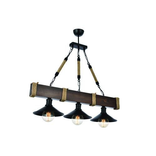 Ipari csillár, állítható magasságú 75 cm, dió és fekete, 70 x 20 cm | 100% gyertyán és fém váz | E27 Max 40W | Stílusos világítás modern terekbe
