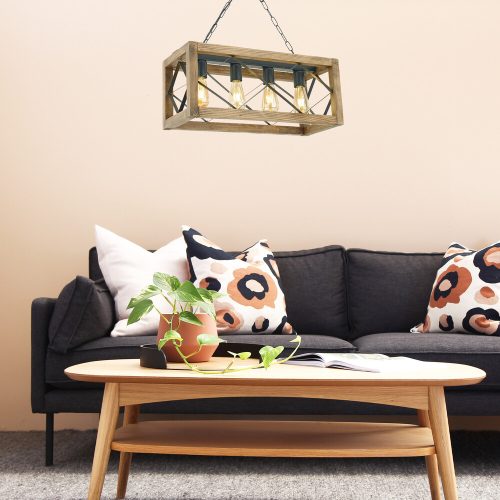 Elegáns dió és fekete csillár, 60 x 25 cm, 100% FENYŐFA és fém, állítható magasságú, E27 Max 40W | Modern rusztikus dizájn otthoni dekorációhoz