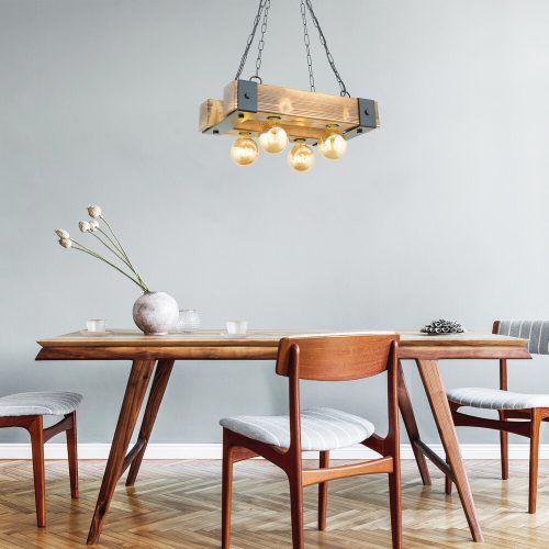 Rusztikus csillár, 100% gyertyán és fém, állítható magasság 70 cm, 50 x 30 cm, E27 Max 40W, dió és fekete | Elegáns világítás modern terekbe