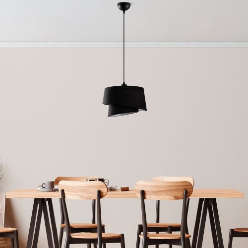 Elegáns fekete csillár, állítható magasság 30-120 cm, fém test, szövet sapka, Ø32 és Ø22, E27 aljzat, tökéletes modern lakóterekbe, IP20