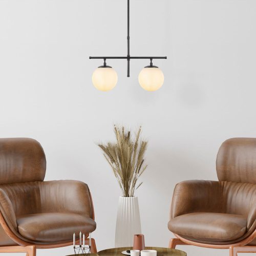 Modern ipari csillár, fekete-krém, állítható magasságú 52 x 15 x 36-76 cm | Fém ház, üvegkupak, 2 x E14 foglalat | Stílusos világítás otthoni dekorációhoz