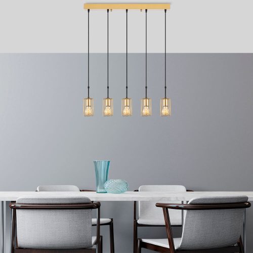 Elegáns fényes arany csillár, fém test, 80 x 9 x 121 cm | Állítható magasság, 5 x E27 aljzat, modern dizájn a stílusos lakberendezéshez