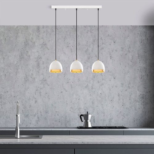 Elegáns skandináv csillár, fehér és arany, 62 x 17 x 110 cm | Fém test, állítható magasságú, 3 x E27 aljzat | Modern világítás otthoni dekorációhoz