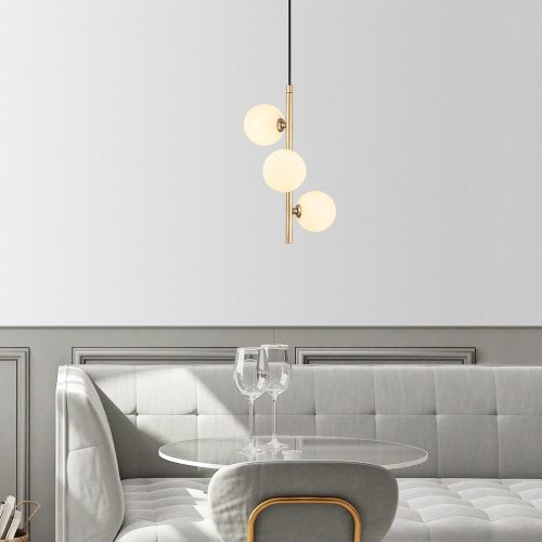 Elegáns arany csillár, fém test, 36 x 36 x 46 cm, 131 cm-ig állítható magasság, skandináv kivitel, IP20, foglalat típusa: 3 x G9, izzó nem tartozék