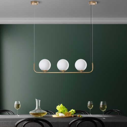 Elegáns aranycsillár, állítható magasságú 20-110 cm, fém ház, 3 x E14 aljzat, 15 cm-es sapka átmérő, tökéletes modern terekbe, IP24 besorolás.