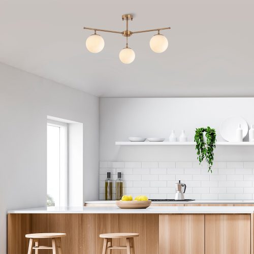Elegáns Vintage csillár, fém test és üvegsapka, 70 x 70 cm, 39 cm Magasság | 3 x E14 aljzat, réz kivitel | Modern Glam otthoni dekorációhoz