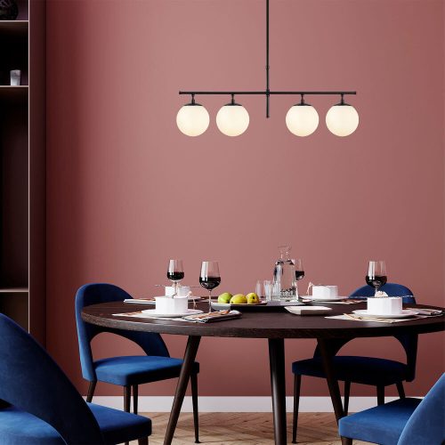 Modern ipari csillár, fekete-krém, állítható magasságú 81 x 15 x 36-76 cm | Fém ház, üvegkupak, 4 x E14 foglalat | Stílusos világítás otthoni és irodai használatra