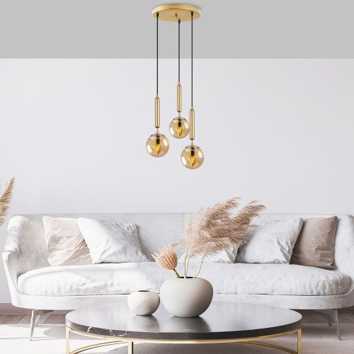 Elegáns fényes arany csillár, 34 x 34 x 134 cm | Fém test, üvegkupak, állítható magasság, 3 x E14 aljzat | Modern Glam Design otthoni és irodai használatra