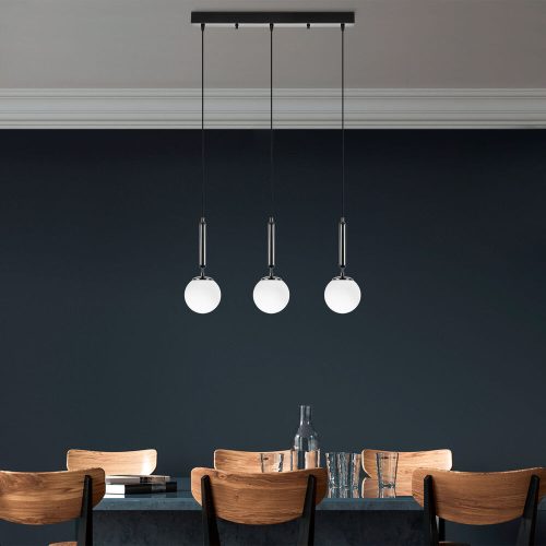 Modern ipari csillár, fekete-fehér, 62 x 15 x 134 cm | Fém test, üvegkupak, állítható magasság, 3 x E14 aljzat | Stílusos skandináv dizájn