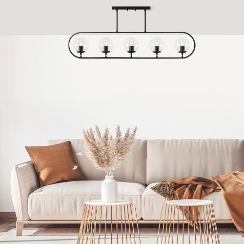 Modern fekete csillár, fém test és üvegsapka, 122 x 15 cm | 5 db E14 aljzat, IP20 | Stílusos ipari és skandináv dizájn otthoni dekorációhoz