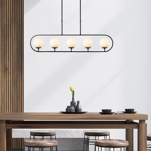 Modern csillár fém testtel és üvegsapkával, fekete és krémszínű, 122 x 15 cm | Állítható magasság 49-91 cm | 5 db E14 aljzat, stílusos ipari kivitel