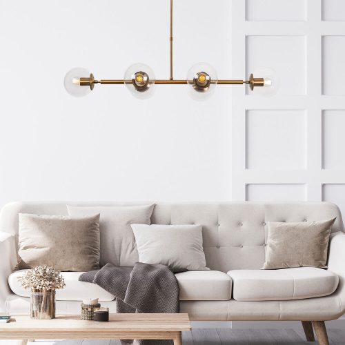 Elegáns vintage csillár, fém test és üveg sapka, állítható magasság 110 x 40 x 35-66 cm, 6 x E14 foglalat, réz kivitel | Modern Glam Design otthonra