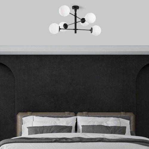 Ipari fekete csillár, 75 x 75 x 40 cm, Fém ház üvegkupakkal (15 cm), 6 x E14 Max 40W | Stílusos skandináv dizájn modern terekhez