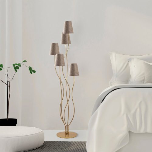 Elegáns állólámpa fém házzal, arany és bézs, 44 x 44 x 160 cm | Szövet sapka (14 cm átmérő, 16 cm magas) | 5 x E14 aljzat, tökéletes elbűvölő belső terekhez