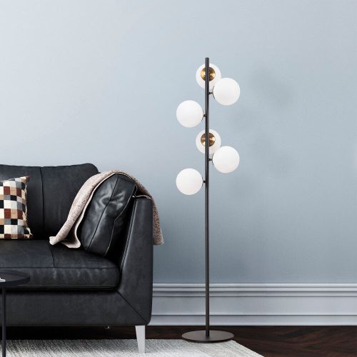 Modern állólámpa fém házzal és üvegkupakkal, fekete, 35 x 22 x 163 cm | 6 x E14 aljzat, stílusos skandináv dizájn otthoni és irodai használatra