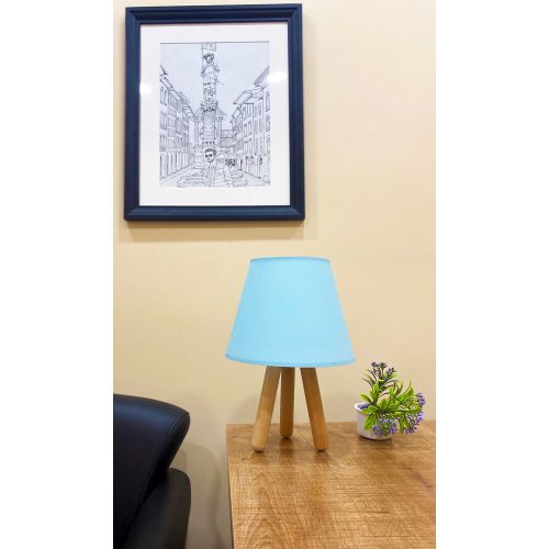 Stílusos asztali lámpa fa lábbal, kék és természetes színekben, 33 cm magasság | E27 Aljzat, 40W Max, 150 cm Kábel, Be/Ki kapcsoló | Tökéletes otthoni dekorációhoz