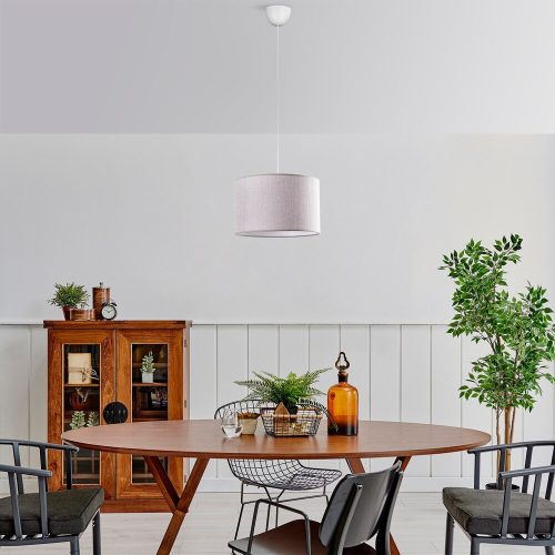 Elegáns szürke csillár, fém test, 30x30 cm pamut sapka, 65 cm teljes magasság, CE minősítés, E27 foglalat Max 40W | Tökéletes modern enteriőrbe