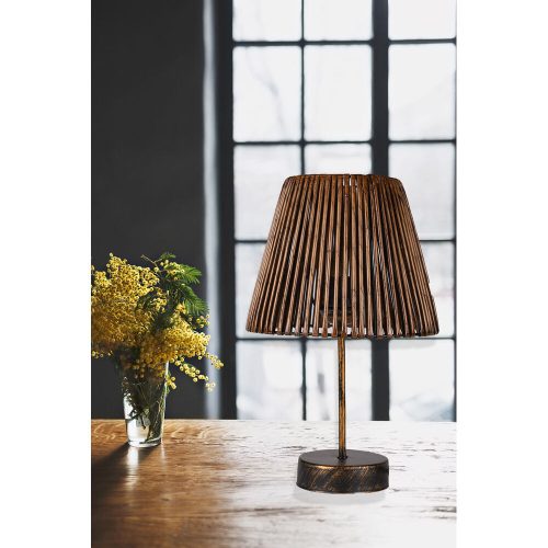 Stílusos asztali lámpa fém talppal és bambusz utánzattal, 45 cm magas, 25x25 cm sapkával | Be/Ki kapcsoló, CE minősítésű, E27 Max 40W | Black & Rose Gold Design