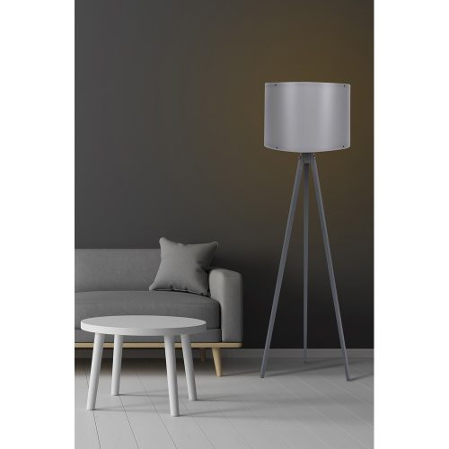 Skandináv állólámpa, szürke MDF ház, 145 cm magasság, E27 aljzat, max. 40 W, 200 cm kábel, stílusos design modern lakóterekhez, CE minősítéssel
