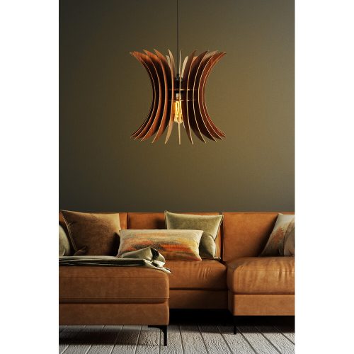 Elegáns skandináv nagyszárnyú csillár, dió színű, 30 cm sapka, állítható magasság 65 cm, E27 foglalat, stílusos MDF dizájn modern terekbe