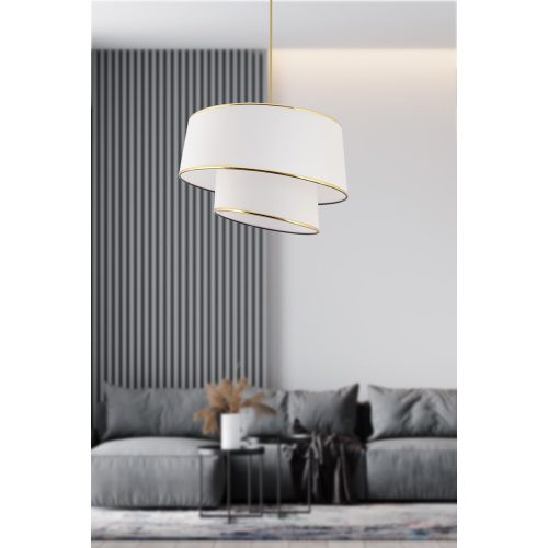 Elegáns fém csillár szövet sapkával, fehér és arany, 70 cm magasság | CE tanúsítvánnyal rendelkező, E27-es aljzat, tökéletes modern lakóterekbe és étkezőkbe