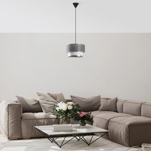 Stílusos fém csillár, szürke és ezüst, 65 cm magasság | CE minősítésű, E27 foglalat, 30 cm átmérőjű pamut sapka | Tökéletes modern lakóterekbe