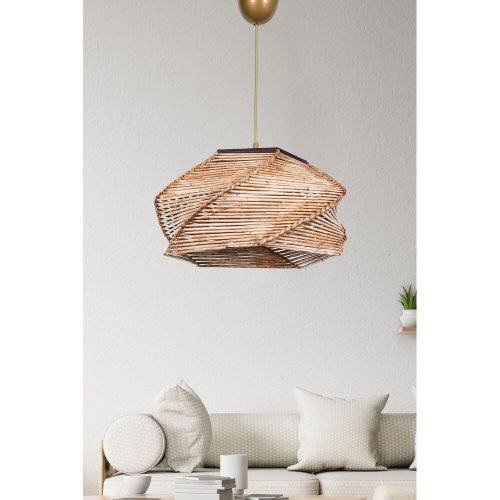 Elegáns bézs csillár fa testtel és bambusz-utánzattal, teljes magasság 65 cm, CE minősítés, E27 foglalat, tökéletes a modern dekorációhoz