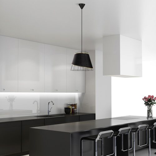 Elegáns fekete-arany csillár, fém test, 65 cm magas, CE minősítés, E27 aljzat max 40 W, stílusos világítás a modern lakberendezéshez