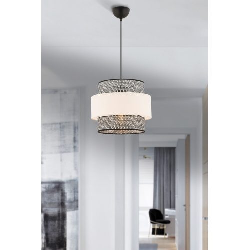 Stílusos fém csillár, szürke és fehér, 65 cm magasság | CE tanúsítvánnyal rendelkező, E27 aljzat (max. 60 W) | Elegáns szövetsapka (30x30 cm) modern terekbe