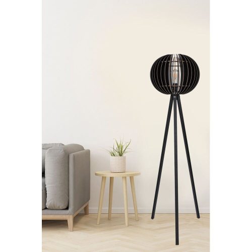 Stílusos fekete állólámpa, 145 cm magas, MDF ház, E27 aljzat, max. 40 W, ipari/skandináv kivitel, CE minősítésű, tökéletes modern terekbe